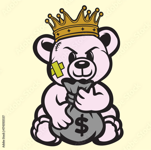Vector design of a teddy bear costume image holding a sack of money and very cute, full of meaning and very cool colors for images on t-shirts or posters
