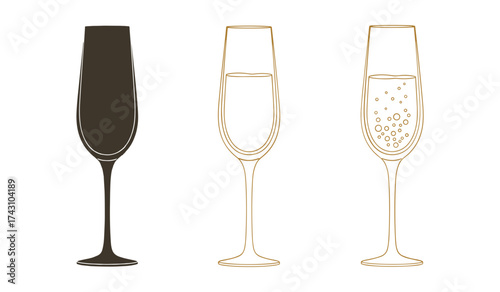 A set of three champagne flutes one solid dark brown outline filled one outline with liquid one outline with bubbles