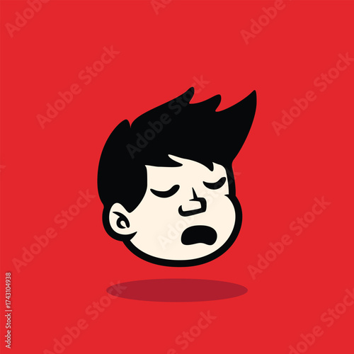 Cartoon boy face with spiky hair and confident smile. Bold outline, flat vector style on red background. Perfect for mascot, avatar, sticker, emoji, and branding. EPS vector file