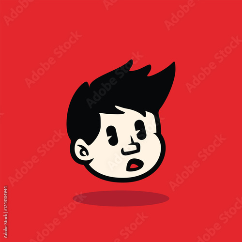 Cartoon boy face with spiky hair and confident smile. Bold outline, flat vector style on red background. Perfect for mascot, avatar, sticker, emoji, and branding. EPS vector file