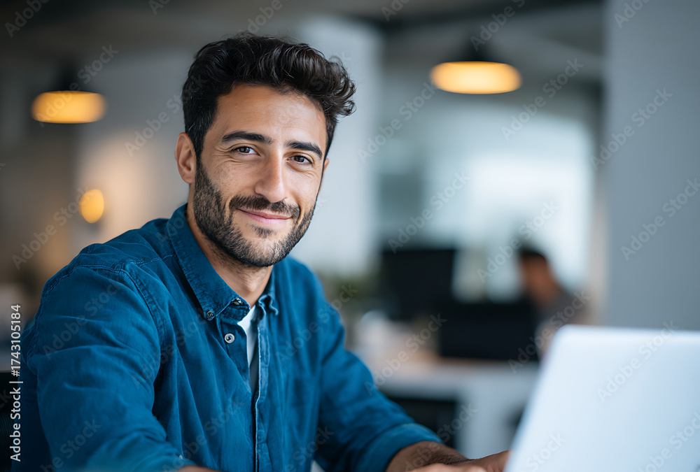 Obraz premium Smiling young man in blue shirt working on laptop in modern office with soft lighting