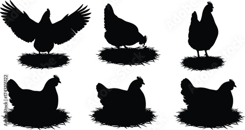 Black chicken silhouettes on straw nests, poultry farming illustration, nesting hens vector, rural agriculture design, egg production concept artwork