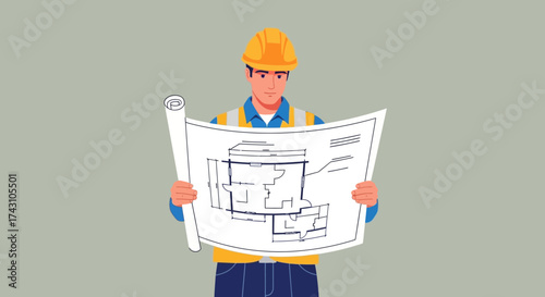 Construction Worker Examining Blueprint with Safety Gear.