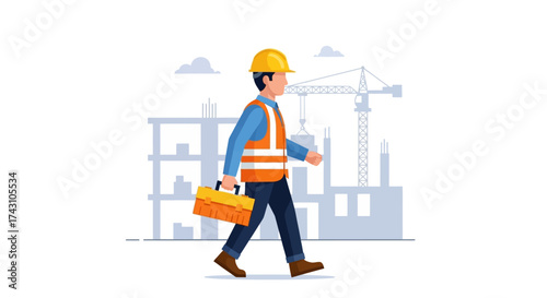 Construction Worker Walking with Toolbox at Construction Site.