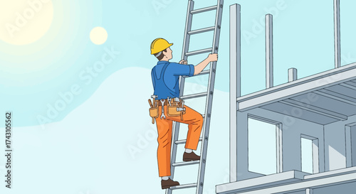 Construction Worker Ascending Ladder on Building Site Illustration.