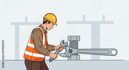 Construction Worker Tightening Bolt with Wrenches.