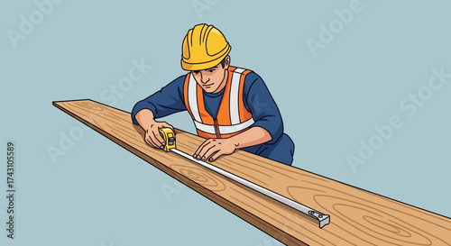 Construction Worker Measuring Wood Plank with Tape Measure.