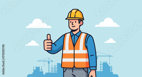 Construction Worker Giving Thumbs Up Wearing Hard Hat and Safety Vest.
