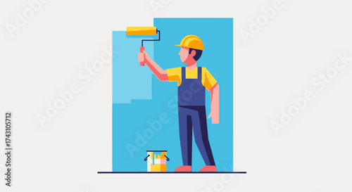Illustration of a painter applying paint to a wall with a roller.