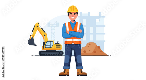 Construction Worker with Excavator and Building Illustration.