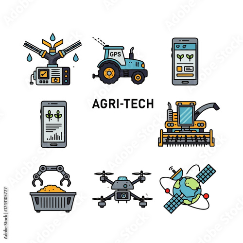 A comprehensive icon set showcasing smart farming innovations, from automated irrigation and GPS tractors to drones and agricultural robotics