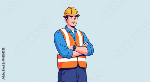 Construction Worker with Arms Crossed Wearing Safety Gear.