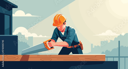 Construction Worker Sawing Wood Plank with Focus and Precision.