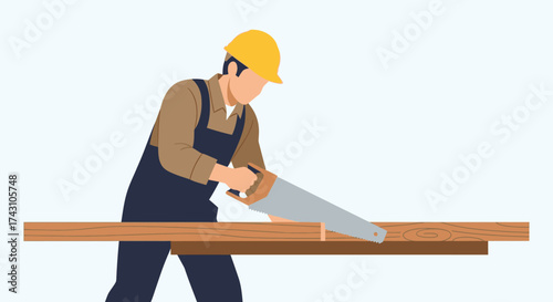Carpenter sawing wood with focused precision and safety gear.