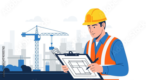 Construction Worker Inspecting Blueprint on Site.