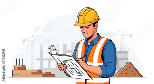 Construction Worker Reviewing Blueprint on Site.