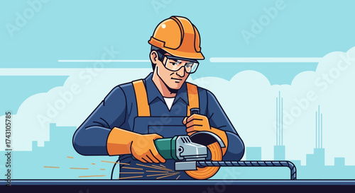 Construction Worker Grinding Metal with Safety Gear in Vector Illustration.