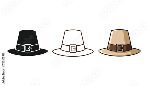 A set of three pilgrim hats black outline and colored on white background thanksgiving hat headwear
