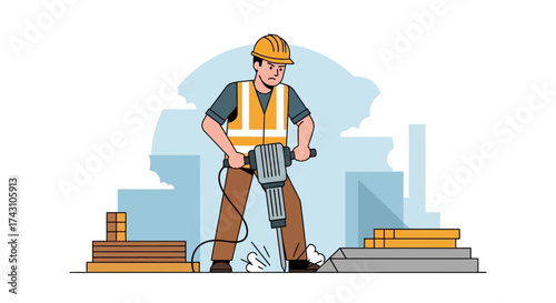 Construction Worker Using Jackhammer on Site with Safety Gear.