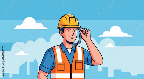 Construction Worker Adjusting Hard Hat in Urban Setting.
