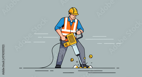 Construction Worker Using Jackhammer to Break Pavement.