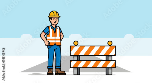 Construction Worker and Roadblock Illustration.