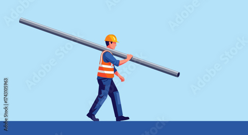 Construction Worker Carrying Pipe on Shoulder in Safety Gear.