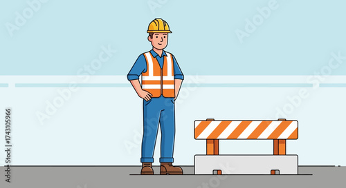 Construction Worker Standing Near Barrier on Road.