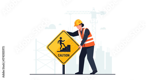 Construction Worker Placing Caution Sign for Uneven Surface Hazard.