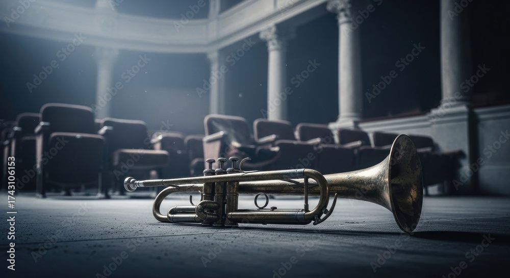 Obraz premium Antique trumpet on dusty theater floor