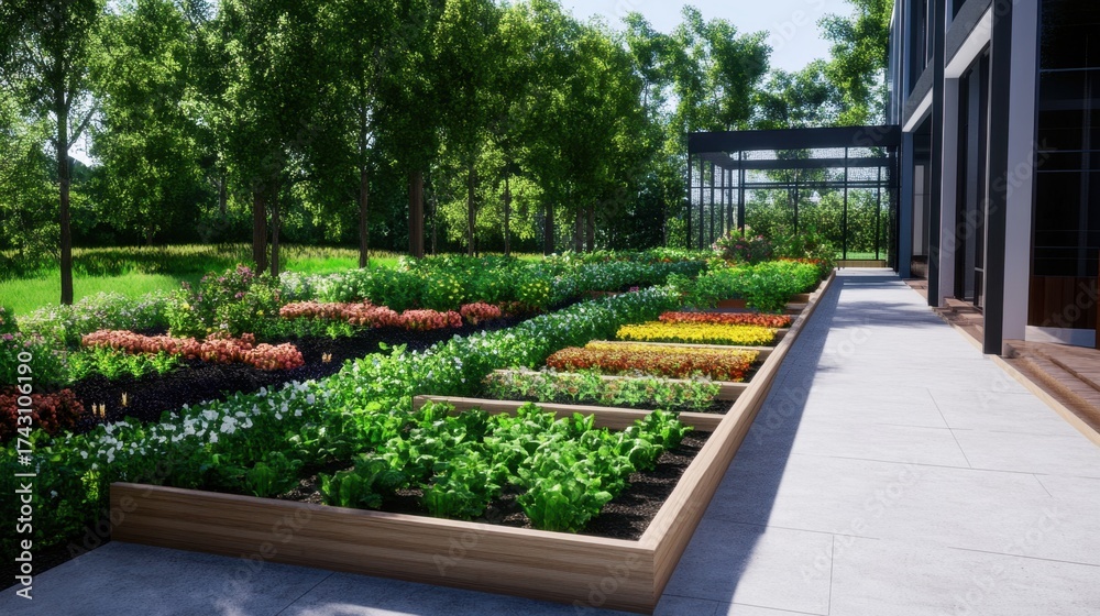 Obraz premium Community food garden with orderly rows of vegetables, herbs, and flowers