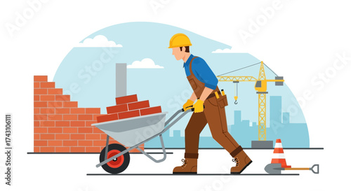 Construction Worker Pushing Wheelbarrow with Bricks at Construction Site.