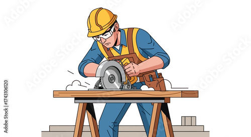 Carpenter Using Circular Saw to Cut Wood Plank.