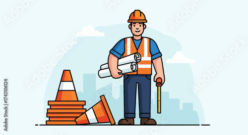 Construction Worker with Blueprints and Safety Gear at a Roadwork Site.