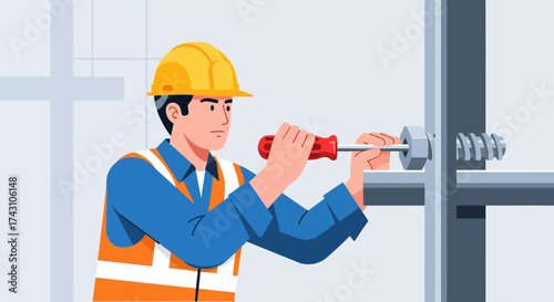 Construction Worker Tightening Bolt with Screwdriver on Site.