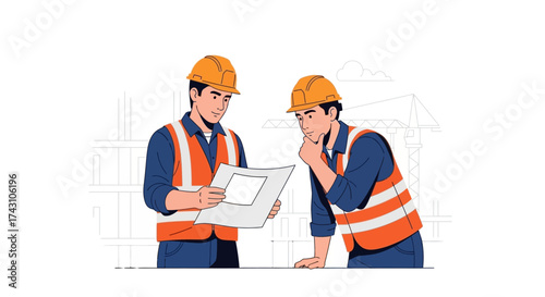 Construction Workers Reviewing Plans on Site, Wearing Hard Hats and Vests.