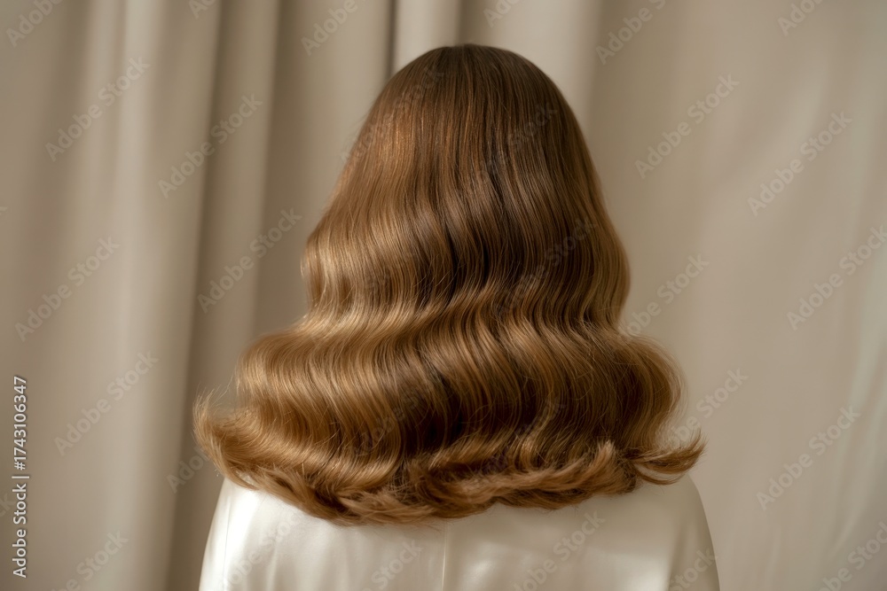 Fototapeta premium Close-up of curls and frizzy shiny blonde hair . Hair colorind or shades . Soft wavy hair styling. View from the back. For advertising hair care products.