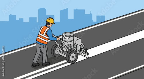 Road Worker Painting Lines on Asphalt with Machine.