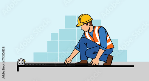 Construction Worker Measuring with Tape Measure on Site.
