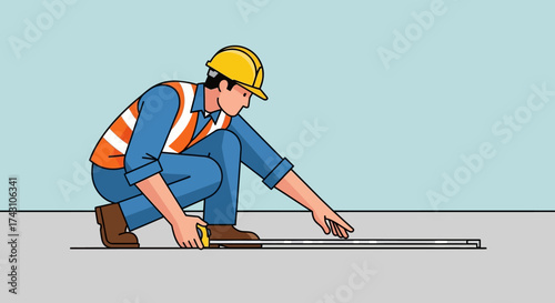 Construction Worker Measuring with Tape Measure on Floor.