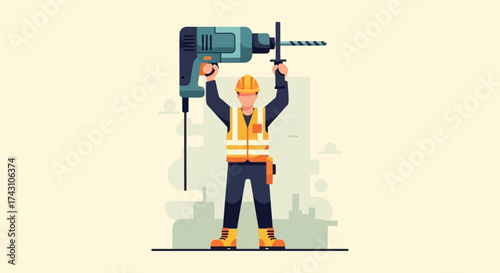 Construction Worker Holding a Large Drill Above His Head.