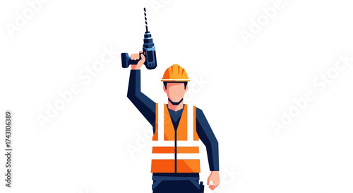 Construction Worker Holding Drill Above Head in Celebration.