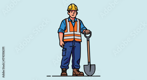 Construction Worker with Shovel - Safety Gear and Labor.