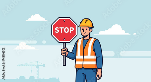 Construction Worker Holding Stop Sign Illustration.