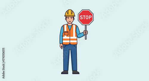 Construction Worker Holding Stop Sign Directing Traffic.
