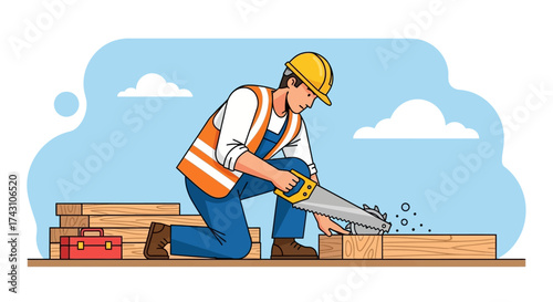 Construction Worker Sawing Wood with Precision and Safety Gear.