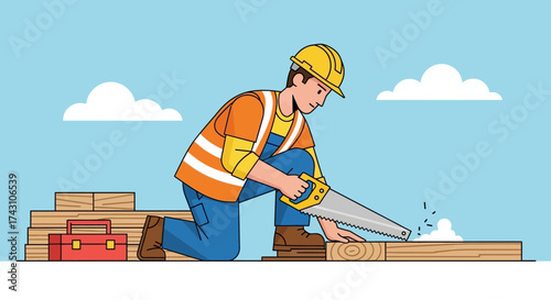Construction Worker Sawing Wood Plank with Precision and Focus.
