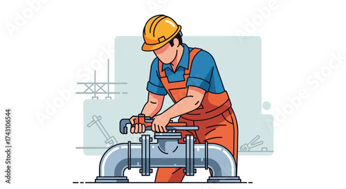 Plumber Tightening Pipe with Wrench in Orange Overalls.