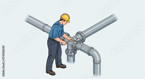 Plumber Tightening Pipe Fittings in Industrial Setting Illustration.