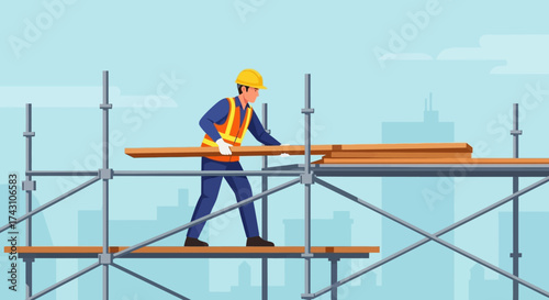 Construction Worker Assembling Scaffolding with Wooden Planks.